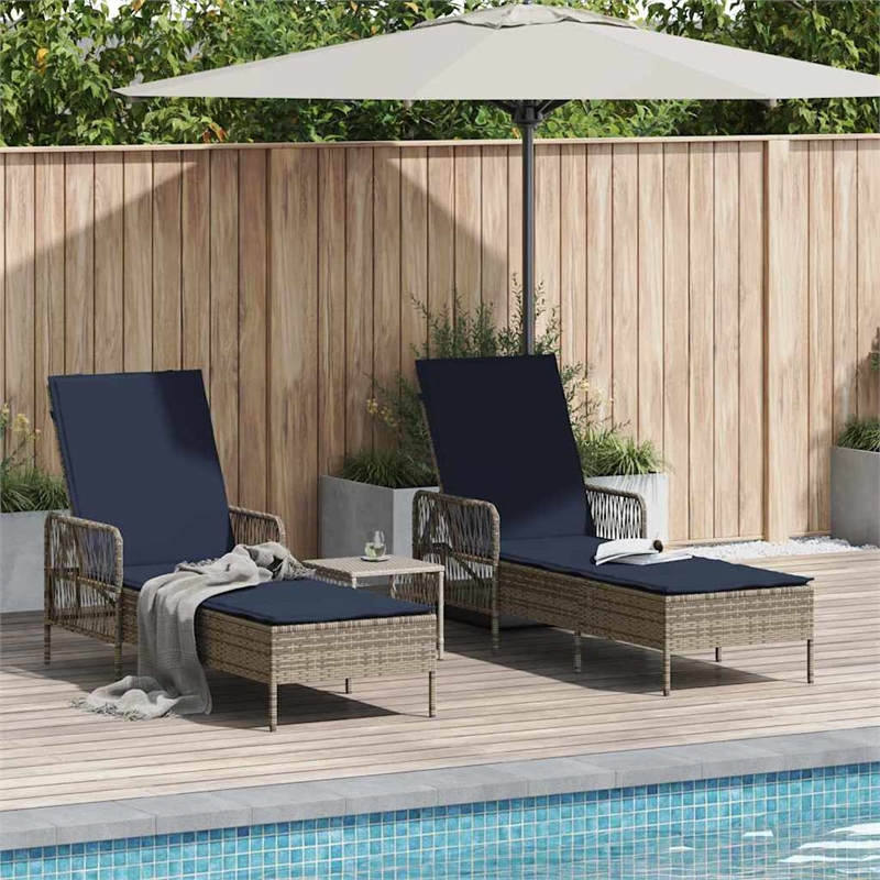vidaXL Poly Rattan Reclining Sun Lounger in Gray and Navy Blue  (Set of 3)