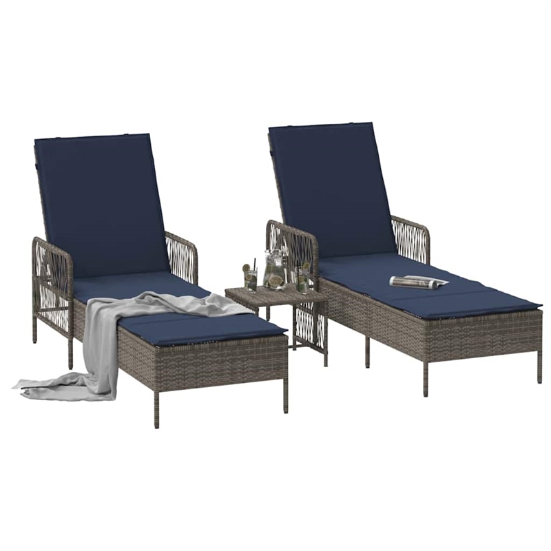 vidaXL Poly Rattan Reclining Sun Lounger in Gray and Navy Blue  (Set of 3)