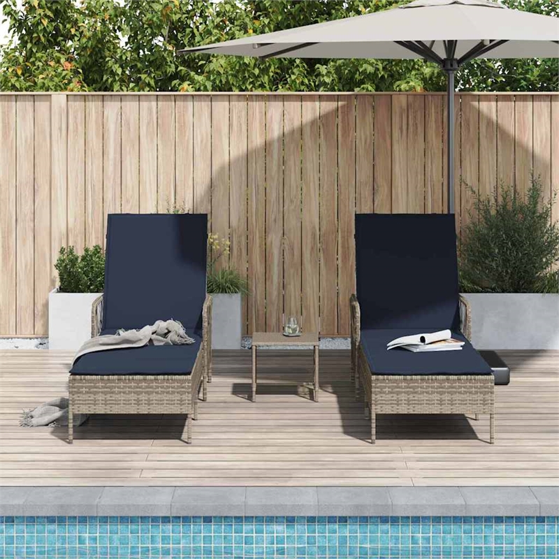 vidaXL Poly Rattan Reclining Sun Lounger in Gray and Navy Blue  (Set of 3)