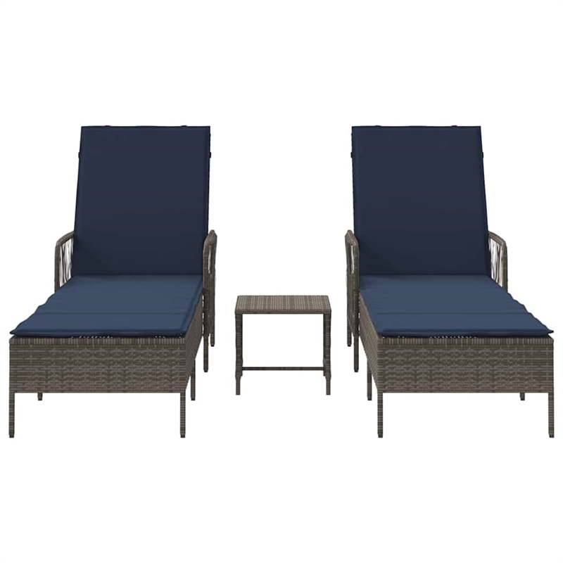 vidaXL Poly Rattan Reclining Sun Lounger in Gray and Navy Blue  (Set of 3)