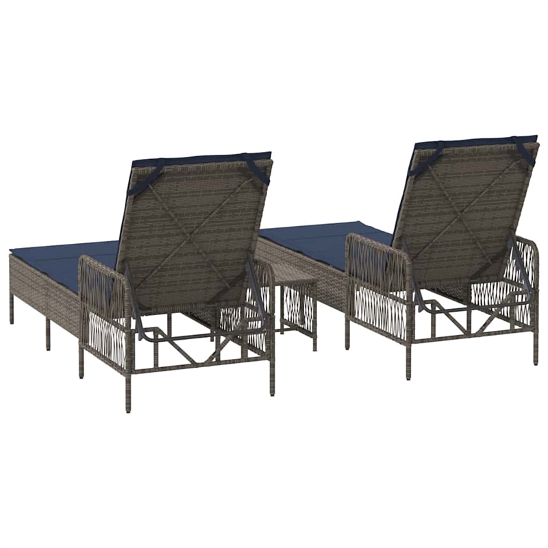 vidaXL Poly Rattan Reclining Sun Lounger in Gray and Navy Blue  (Set of 3)