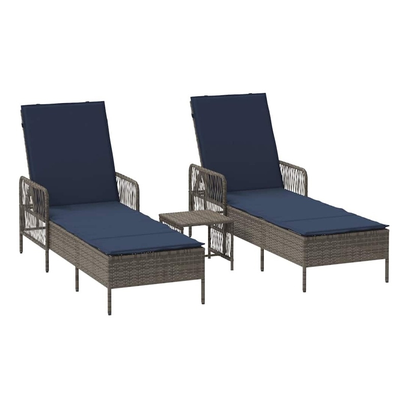 vidaXL Poly Rattan Reclining Sun Lounger in Gray and Navy Blue  (Set of 3)