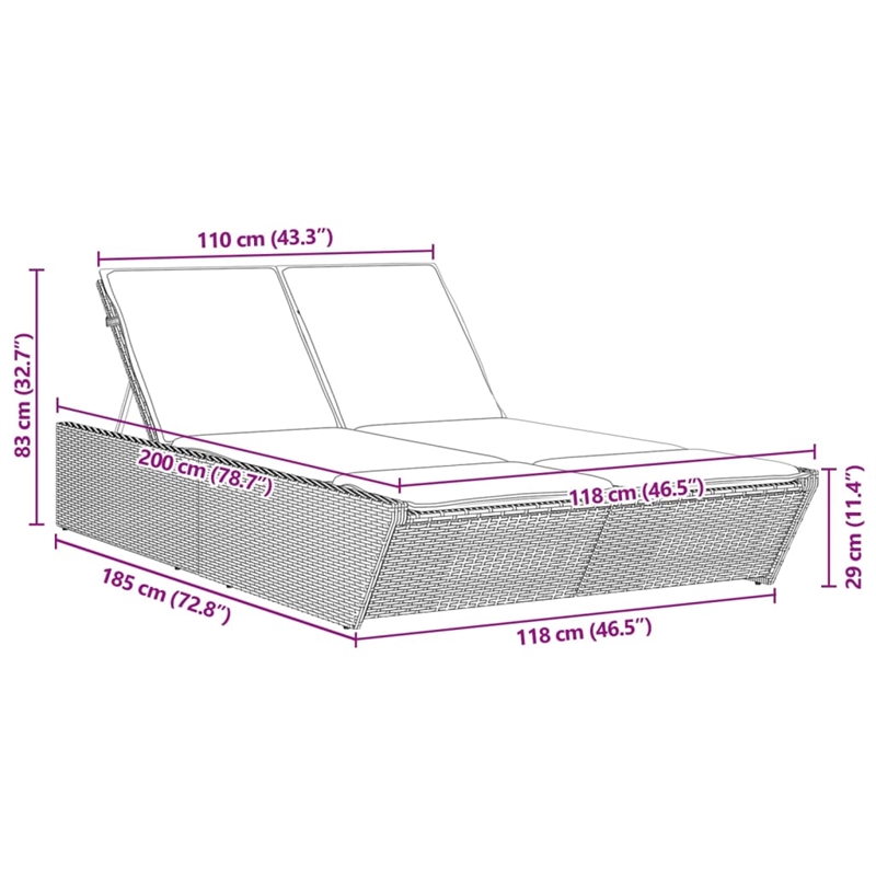vidaXL Patio PE Rattan Double Sun Lounger in Gray