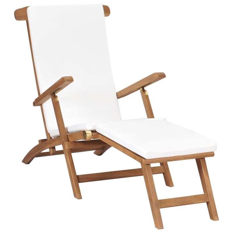 vidaXL Solid Teak Wood Deck Chair with Polyester Cushion in Cream White