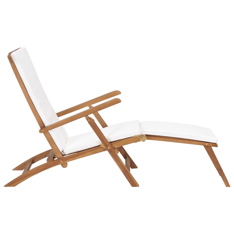 vidaXL Solid Teak Wood Deck Chair with Polyester Cushion in Cream White