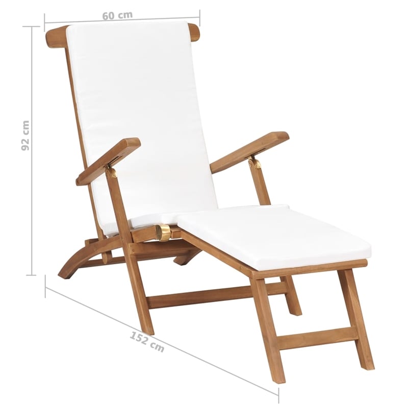 vidaXL Solid Teak Wood Deck Chair with Polyester Cushion in Cream White