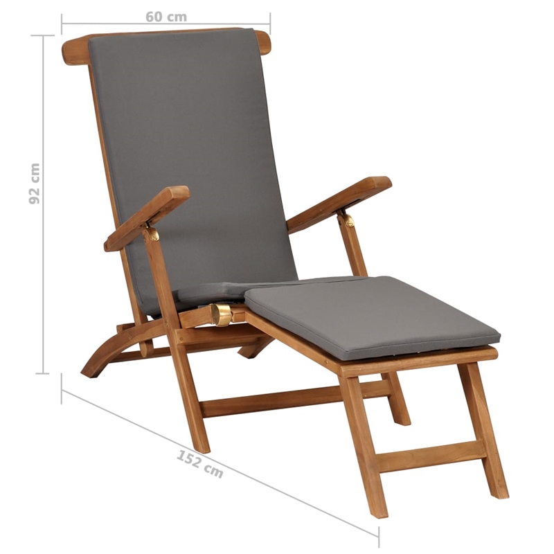 vidaXL Teak Wood Deck Chair Standard Adjustable Armrests in Dark Gray