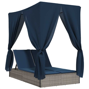 vidaXL Poly Rattan Double Sun Lounger with Roof and Curtains in Gray
