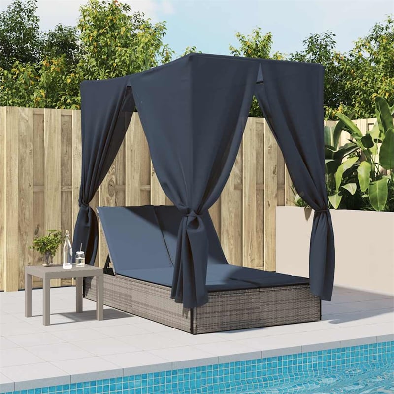 vidaXL Poly Rattan Double Sun Lounger with Roof and Curtains in Gray