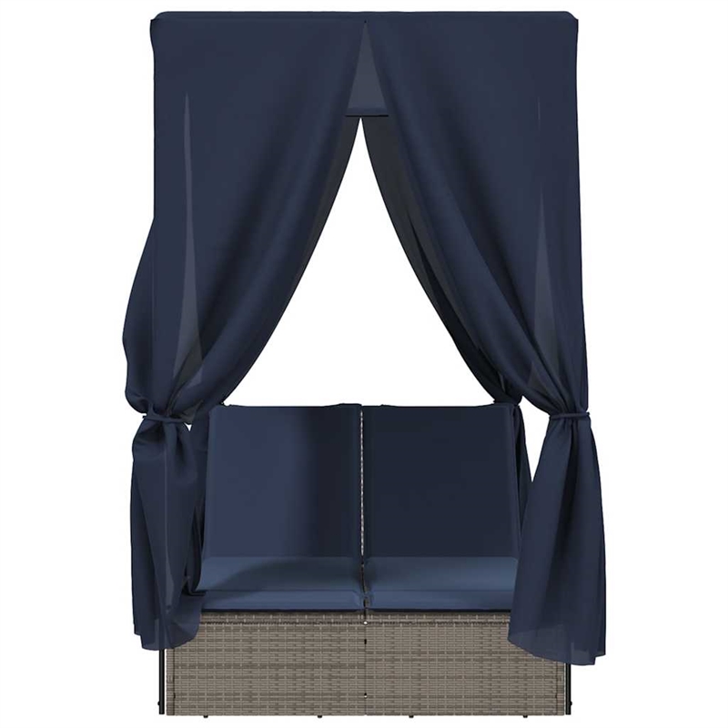 vidaXL Poly Rattan Double Sun Lounger with Roof and Curtains in Gray