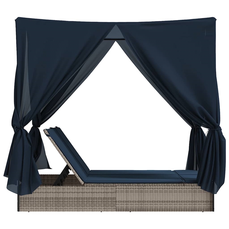 vidaXL Poly Rattan Double Sun Lounger with Roof and Curtains in Gray