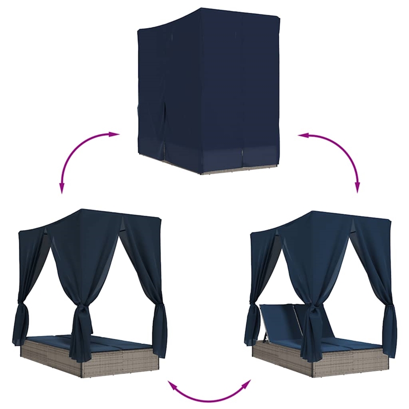 vidaXL Poly Rattan Double Sun Lounger with Roof and Curtains in Gray