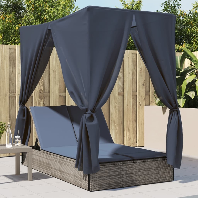 vidaXL Poly Rattan Double Sun Lounger with Roof and Curtains in Gray