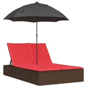 vidaXL Poly Rattan Double Sun Lounger with Cushions and Parasol in Brown