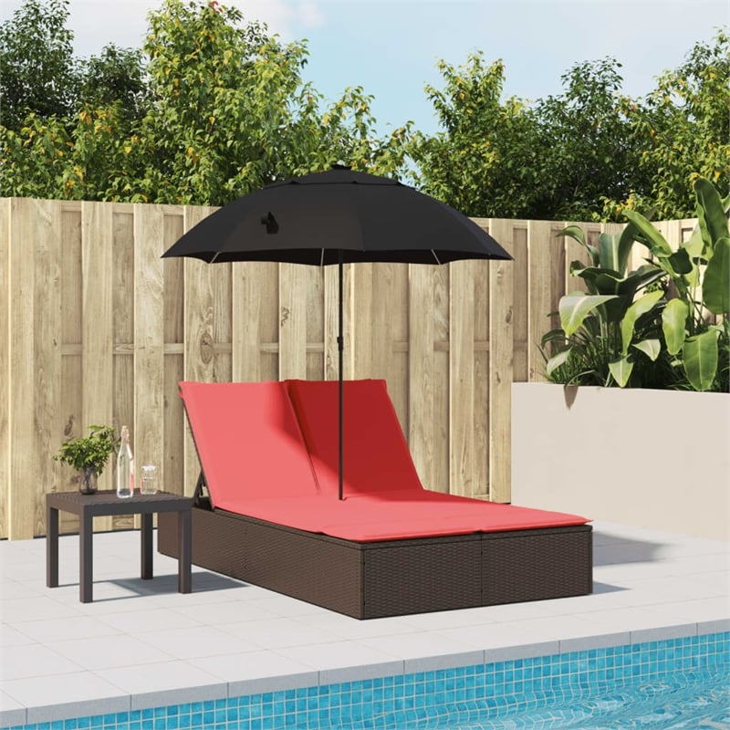 vidaXL Poly Rattan Double Sun Lounger with Cushions and Parasol in Brown