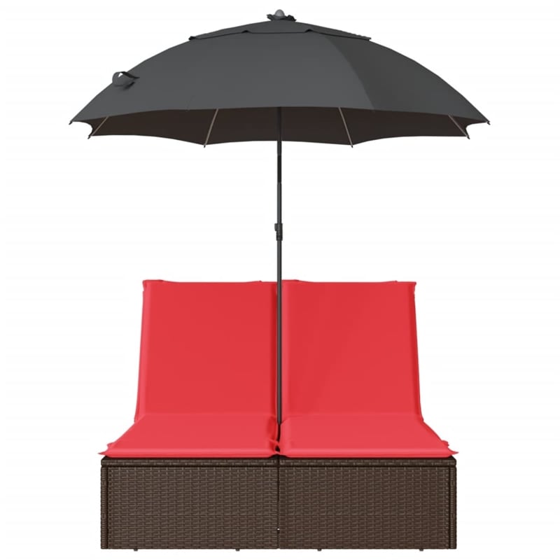 vidaXL Poly Rattan Double Sun Lounger with Cushions and Parasol in Brown
