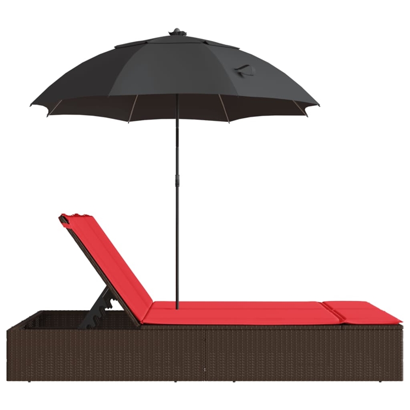 vidaXL Poly Rattan Double Sun Lounger with Cushions and Parasol in Brown