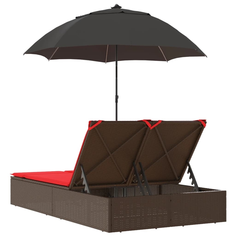 vidaXL Poly Rattan Double Sun Lounger with Cushions and Parasol in Brown