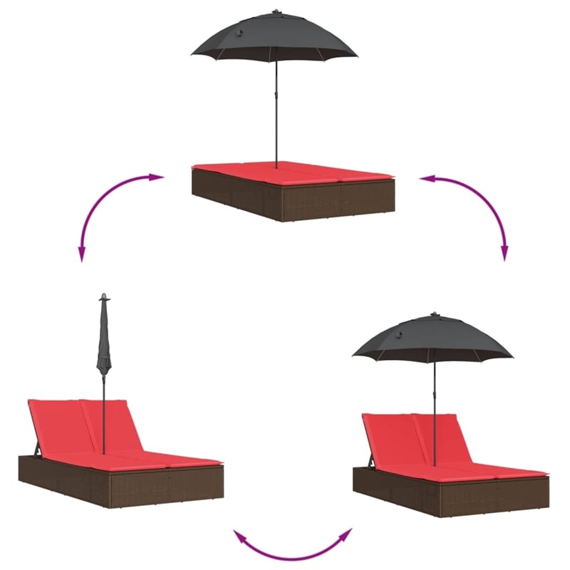 vidaXL Poly Rattan Double Sun Lounger with Cushions and Parasol in Brown