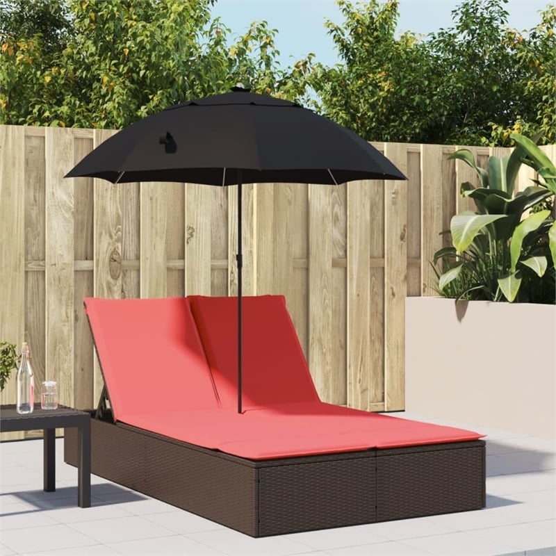 vidaXL Poly Rattan Double Sun Lounger with Cushions and Parasol in Brown
