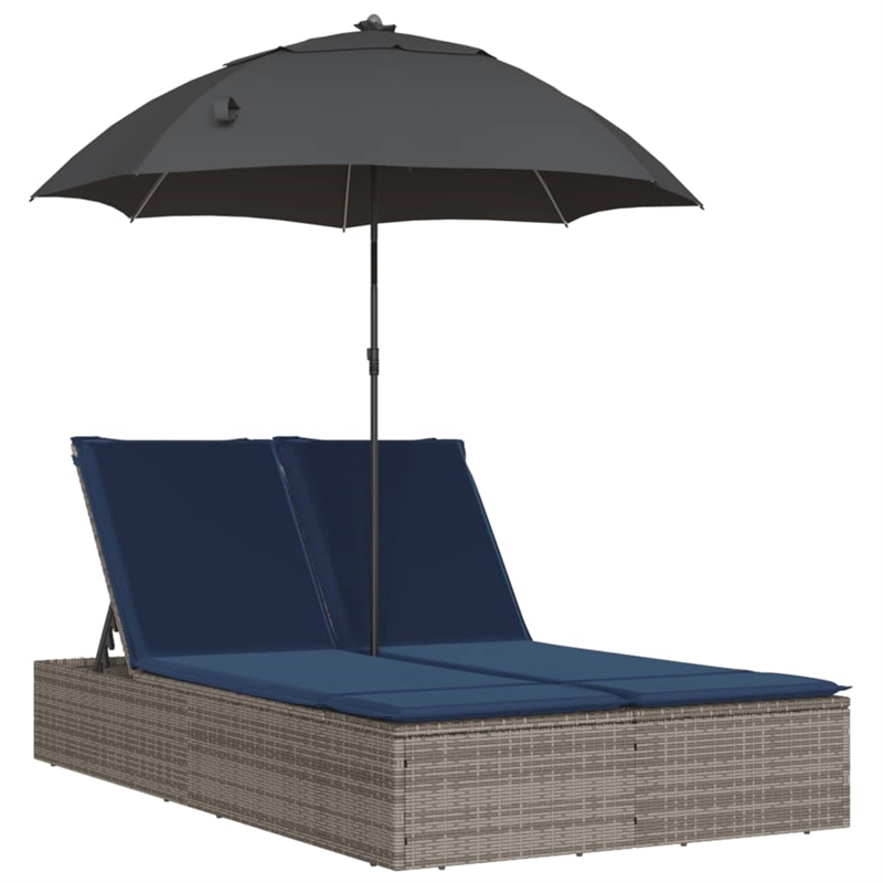vidaXL Poly Rattan Double Sun Lounger with Cushions and Parasol in Gray