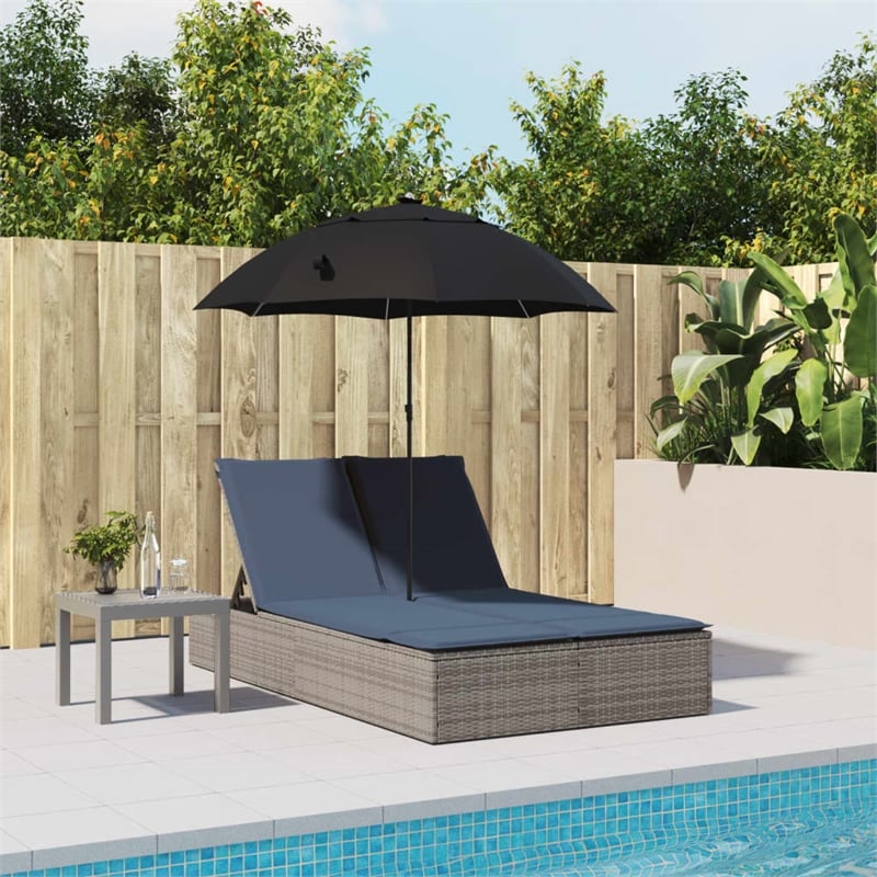 vidaXL Poly Rattan Double Sun Lounger with Cushions and Parasol in Gray