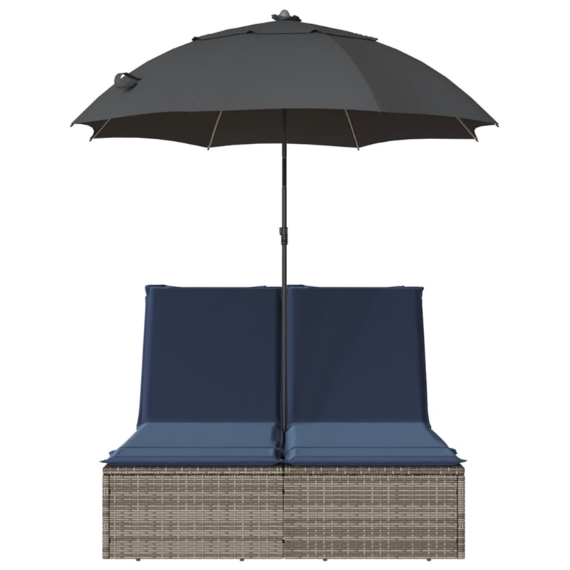 vidaXL Poly Rattan Double Sun Lounger with Cushions and Parasol in Gray