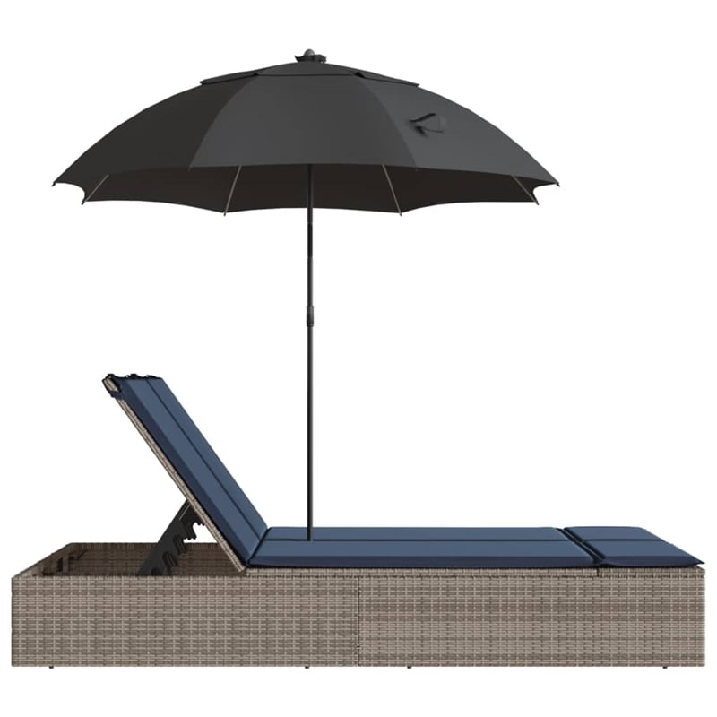 vidaXL Poly Rattan Double Sun Lounger with Cushions and Parasol in Gray