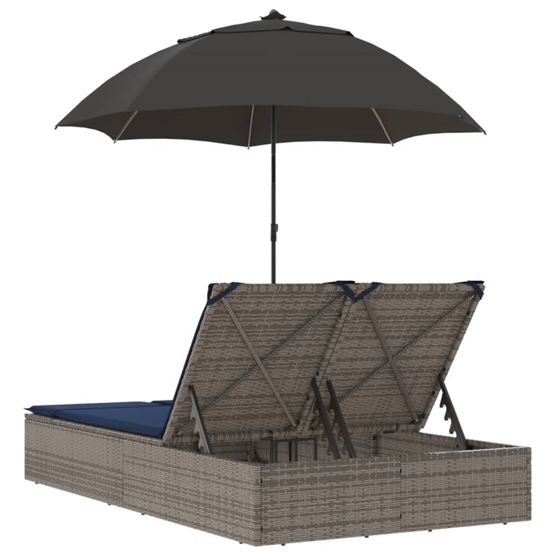 vidaXL Poly Rattan Double Sun Lounger with Cushions and Parasol in Gray