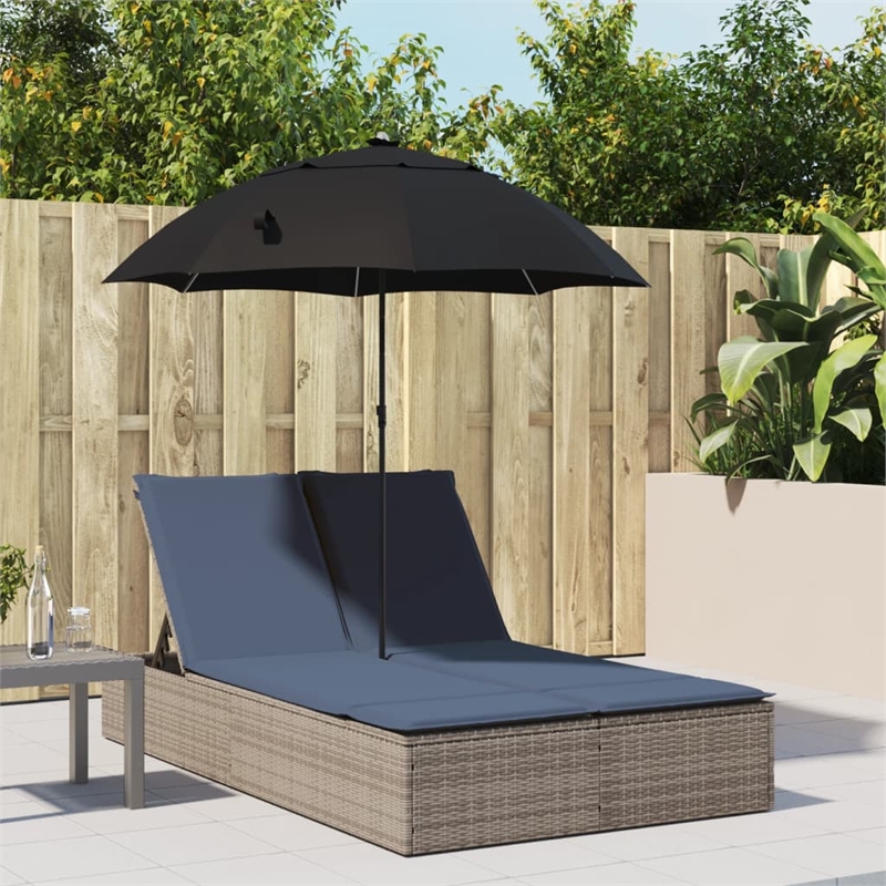 vidaXL Poly Rattan Double Sun Lounger with Cushions and Parasol in Gray