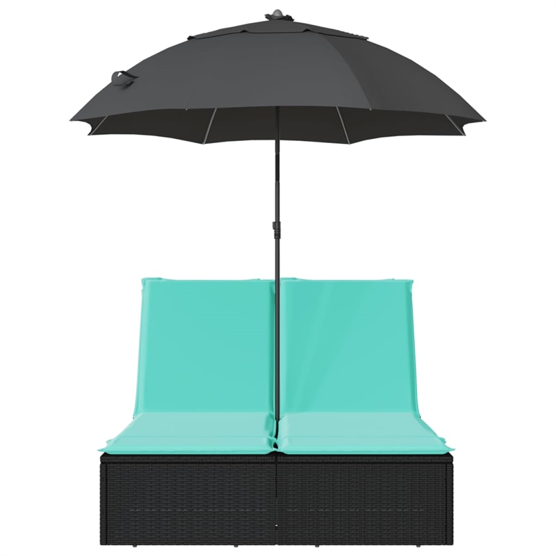 vidaXL Poly Rattan Double Sun Lounger with Cushions and Parasol in Black