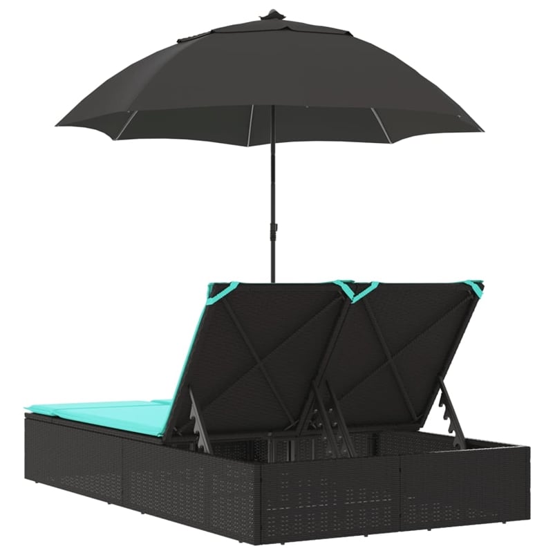 vidaXL Poly Rattan Double Sun Lounger with Cushions and Parasol in Black