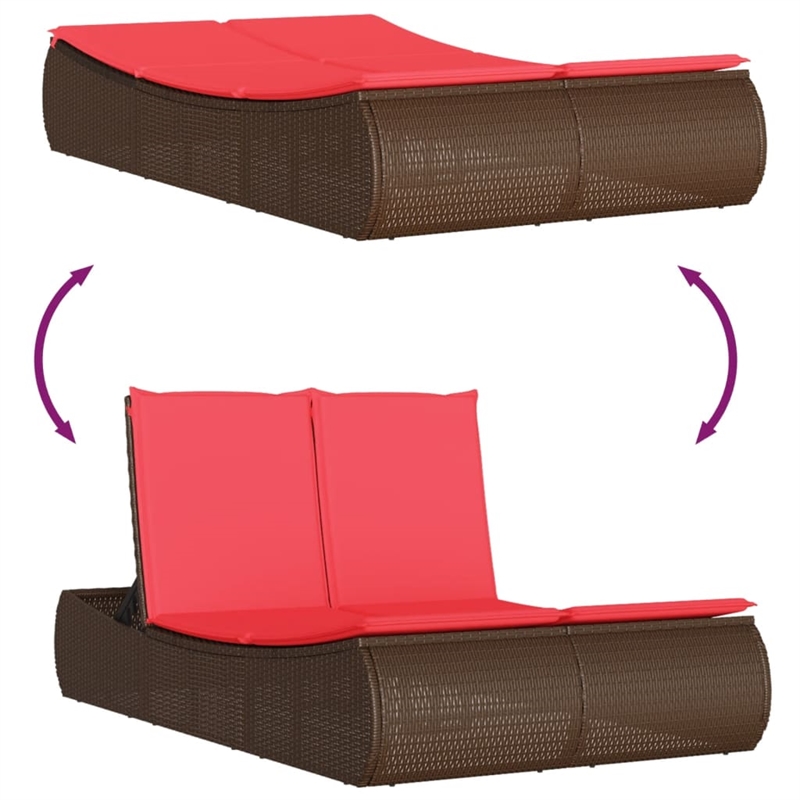 vidaXL Poly Rattan Double Sun Lounger with Cushions in Brown