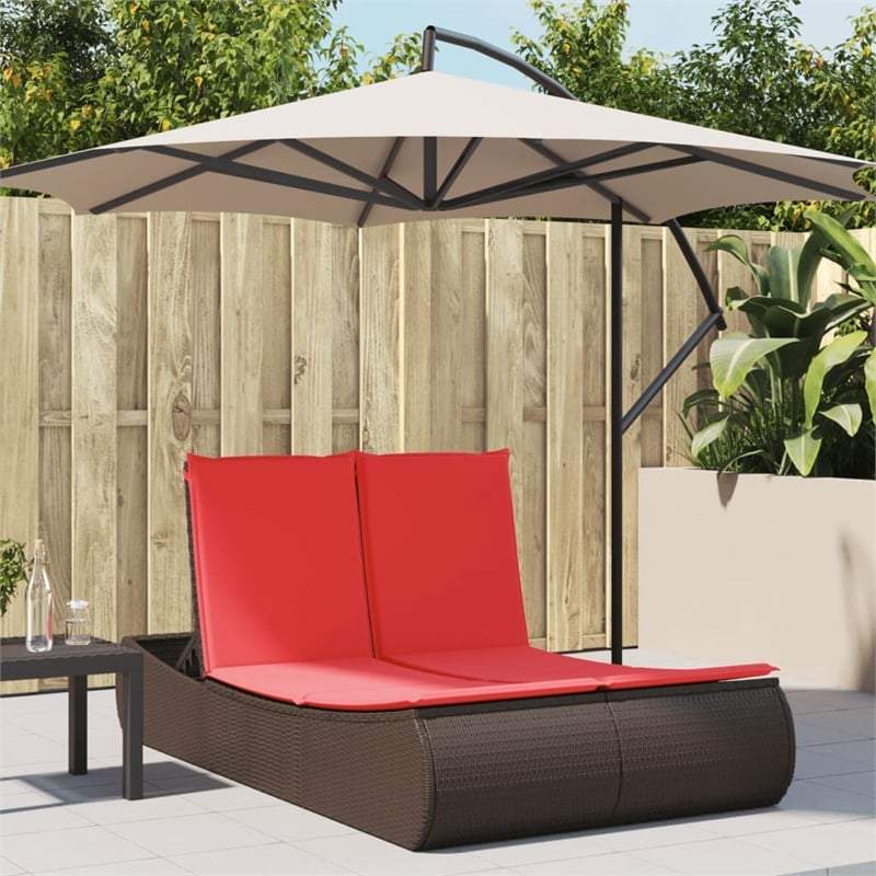 vidaXL Poly Rattan Double Sun Lounger with Cushions in Brown