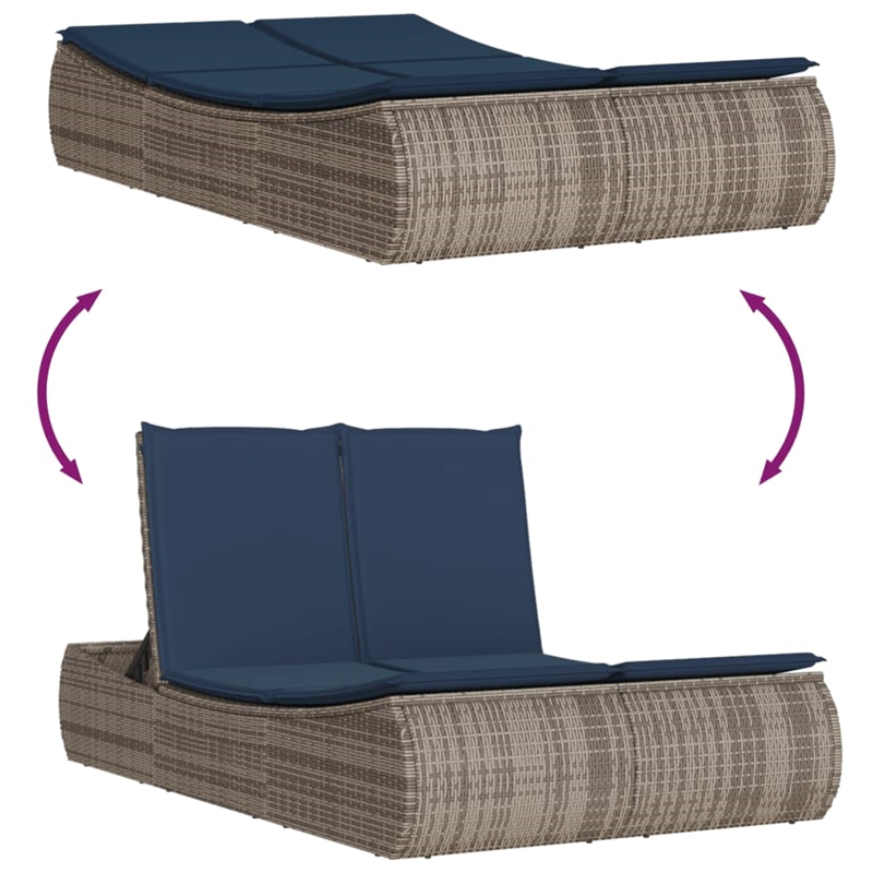 vidaXL Poly Rattan Double Sun Lounger with Cushions in Gray