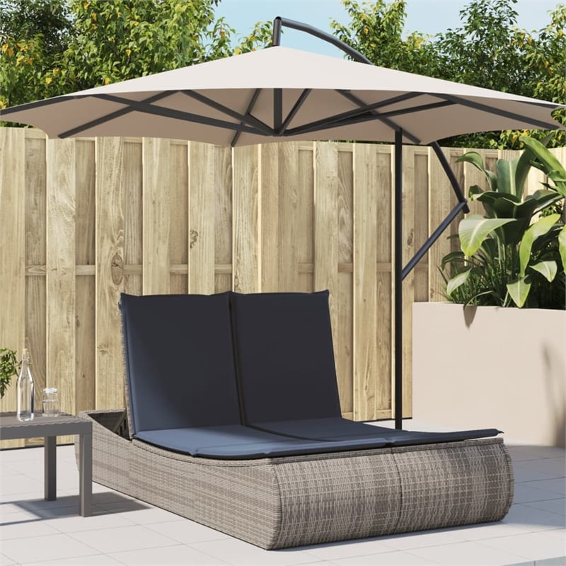 vidaXL Poly Rattan Double Sun Lounger with Cushions in Gray
