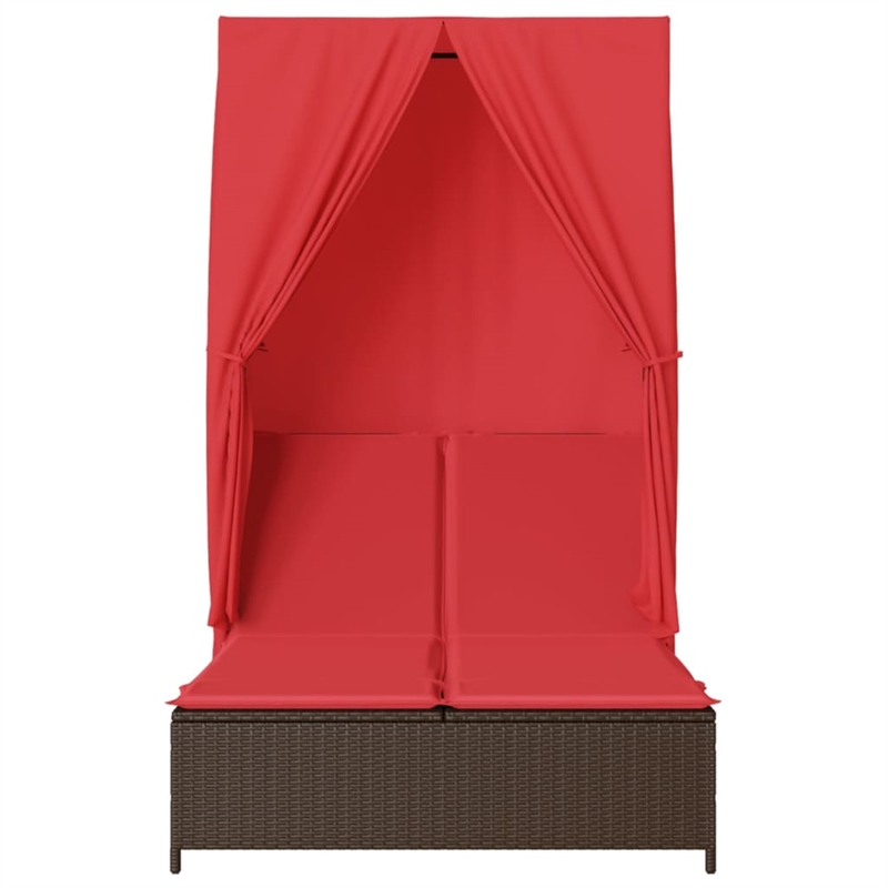 vidaXL Poly Rattan Double Sun Lounger with Roof and Curtains in Brown