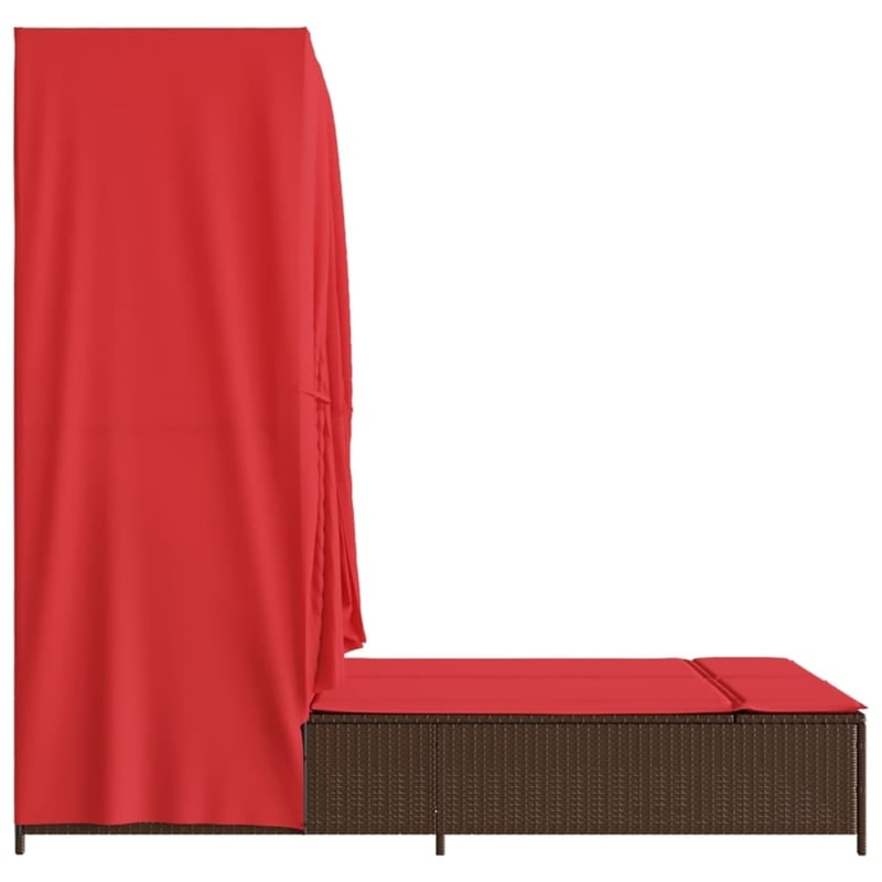 vidaXL Poly Rattan Double Sun Lounger with Roof and Curtains in Brown