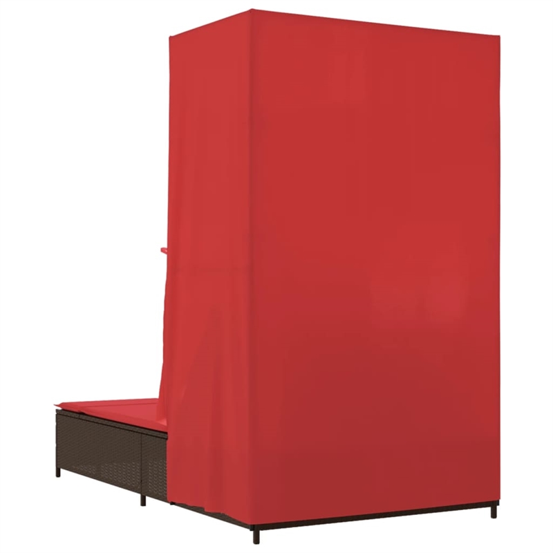 vidaXL Poly Rattan Double Sun Lounger with Roof and Curtains in Brown