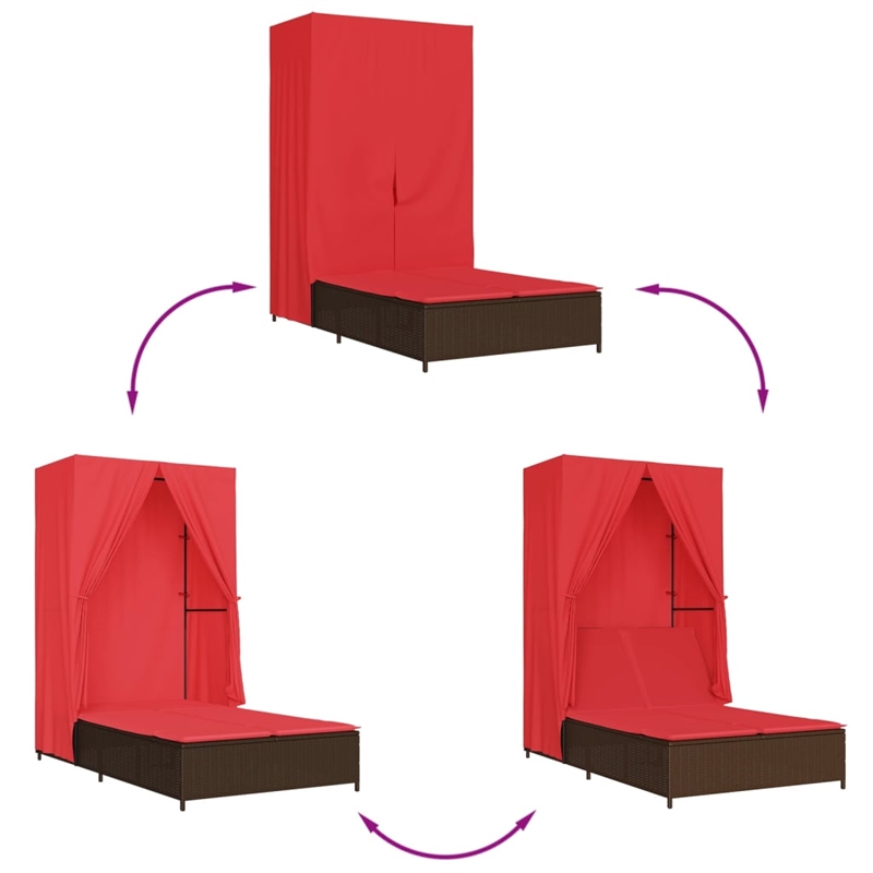 vidaXL Poly Rattan Double Sun Lounger with Roof and Curtains in Brown