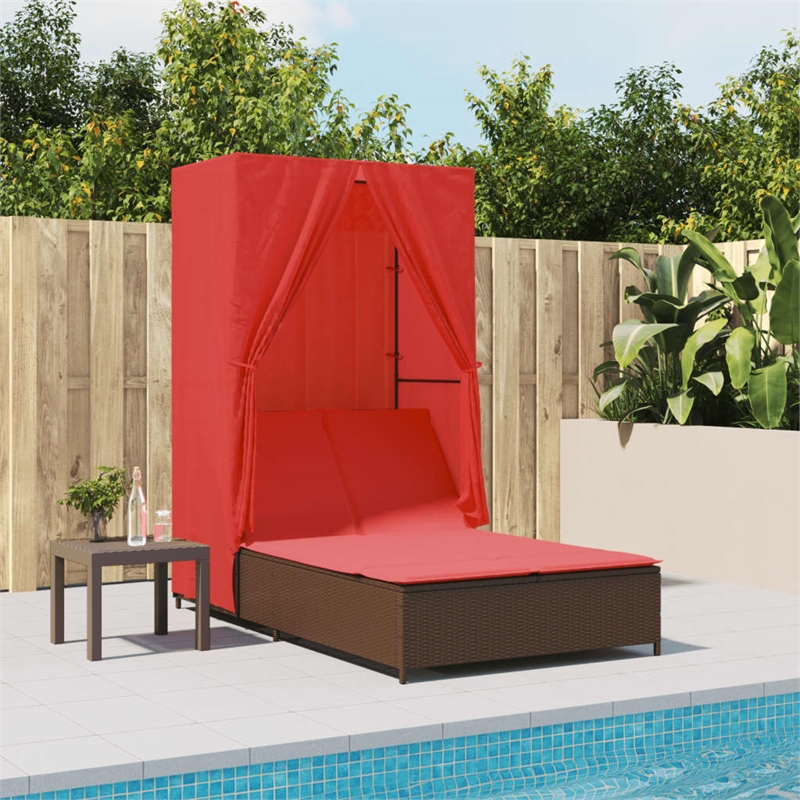 vidaXL Poly Rattan Double Sun Lounger with Roof and Curtains in Brown