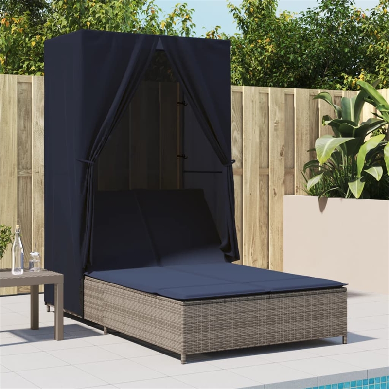vidaXL Poly Rattan Double Sun Lounger with Roof and Curtains in Gray