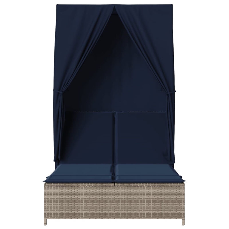 vidaXL Poly Rattan Double Sun Lounger with Roof and Curtains in Gray