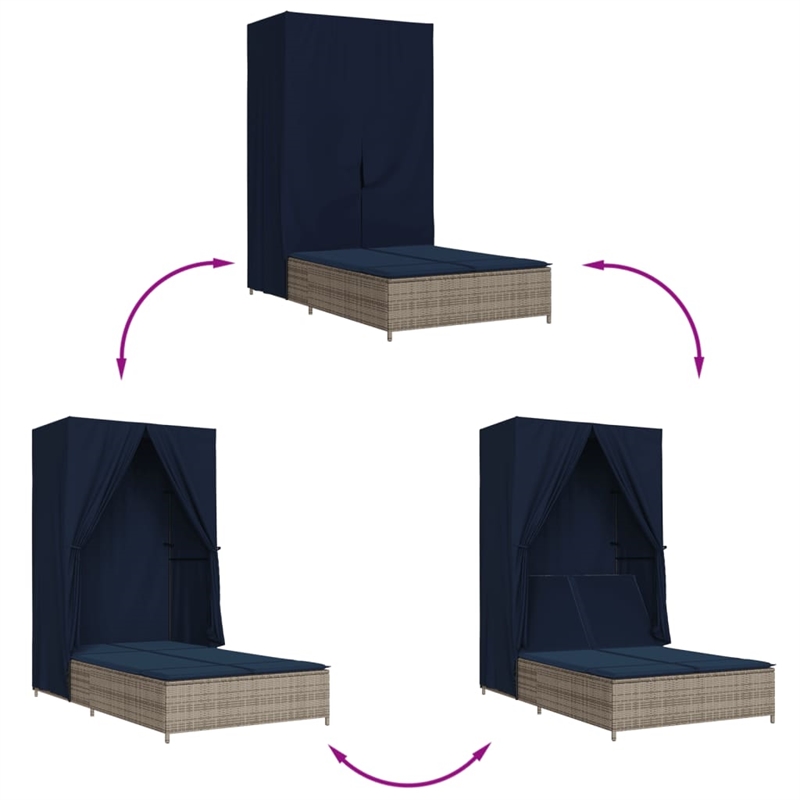 vidaXL Poly Rattan Double Sun Lounger with Roof and Curtains in Gray