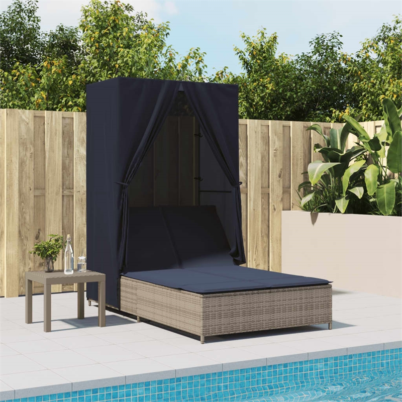 vidaXL Poly Rattan Double Sun Lounger with Roof and Curtains in Gray