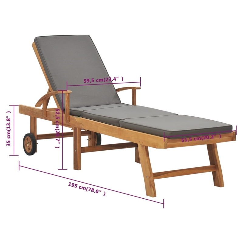 vidaXL Solid Teak Wood Sun Lounger with Cushion in Dark Grey