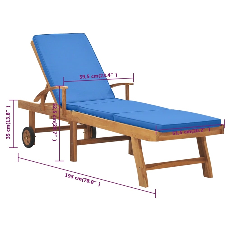 vidaXL Solid Teak Wood Sun Lounger with Cushion in Blue