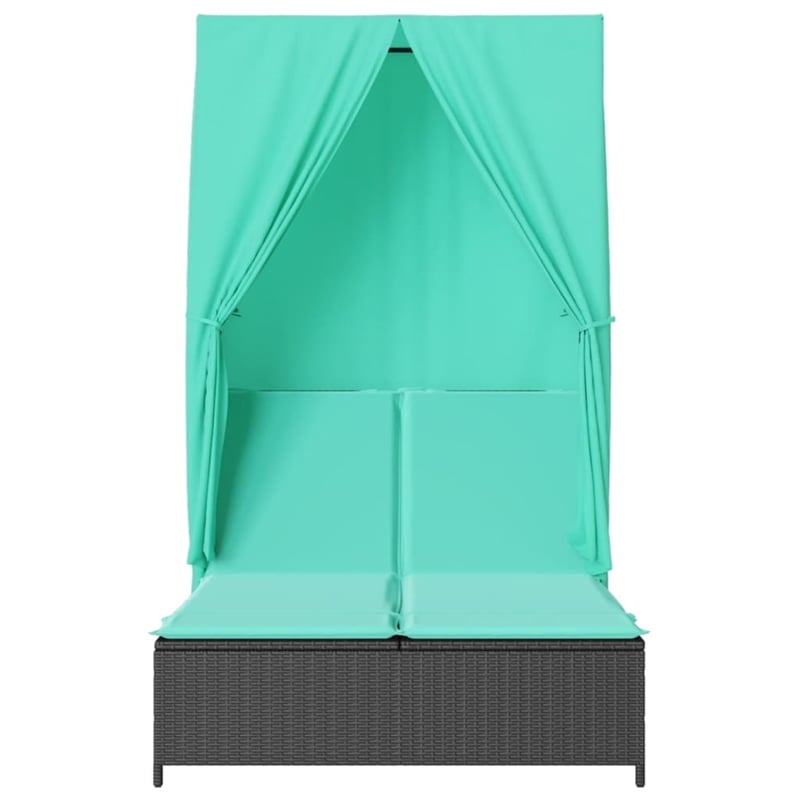 vidaXL Poly Rattan Double Sun Lounger with Roof and Curtains in Black