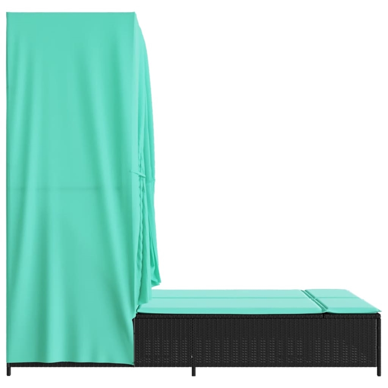 vidaXL Poly Rattan Double Sun Lounger with Roof and Curtains in Black