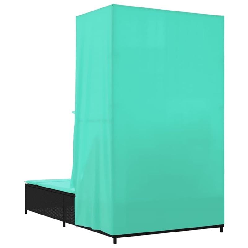 vidaXL Poly Rattan Double Sun Lounger with Roof and Curtains in Black